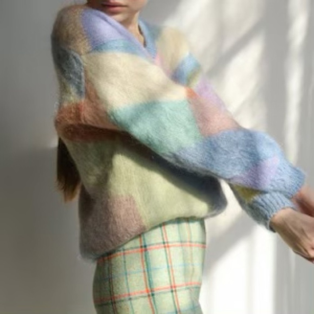 Vintage Mohair Colorful Geometric Diamond Pattern Women Sweater MEDIUM